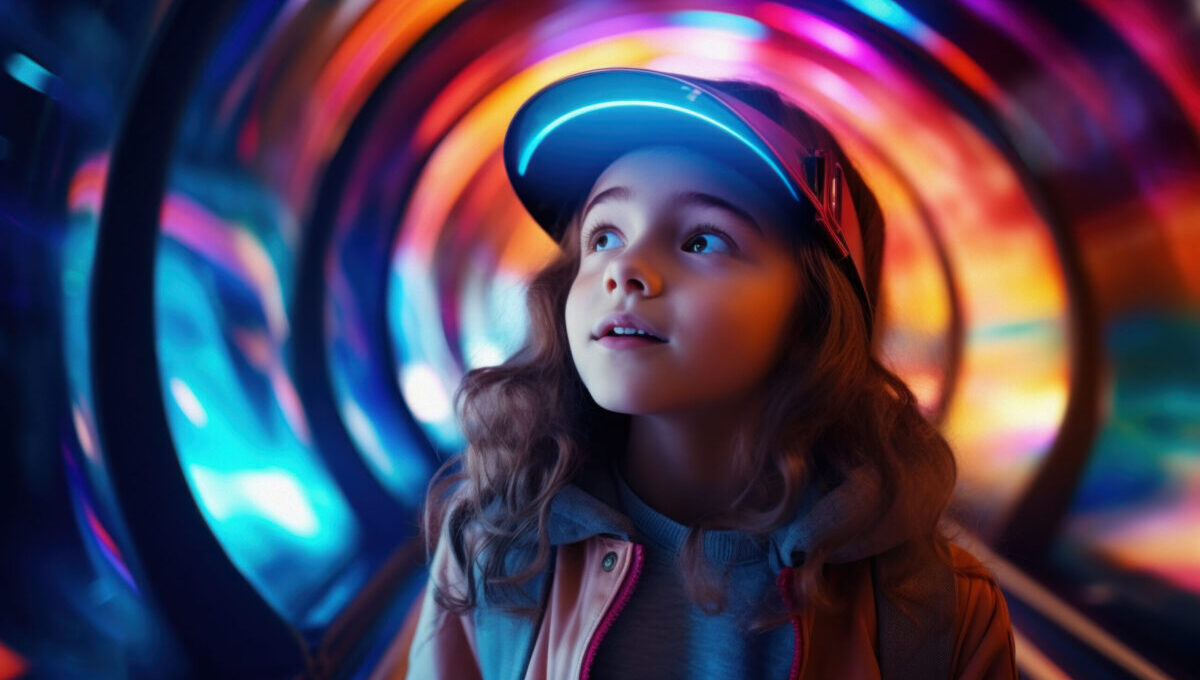 Zoom blur of an child rear view carrying a backpack going into a vivid colorful tunnel. Traveling through time image.